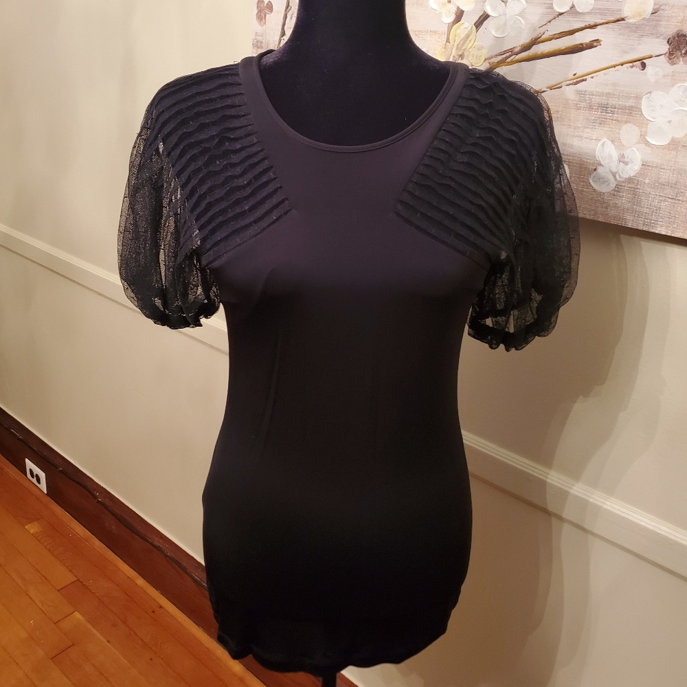 BCBGMaxazria Black Top With Sheer Puff Sleeves